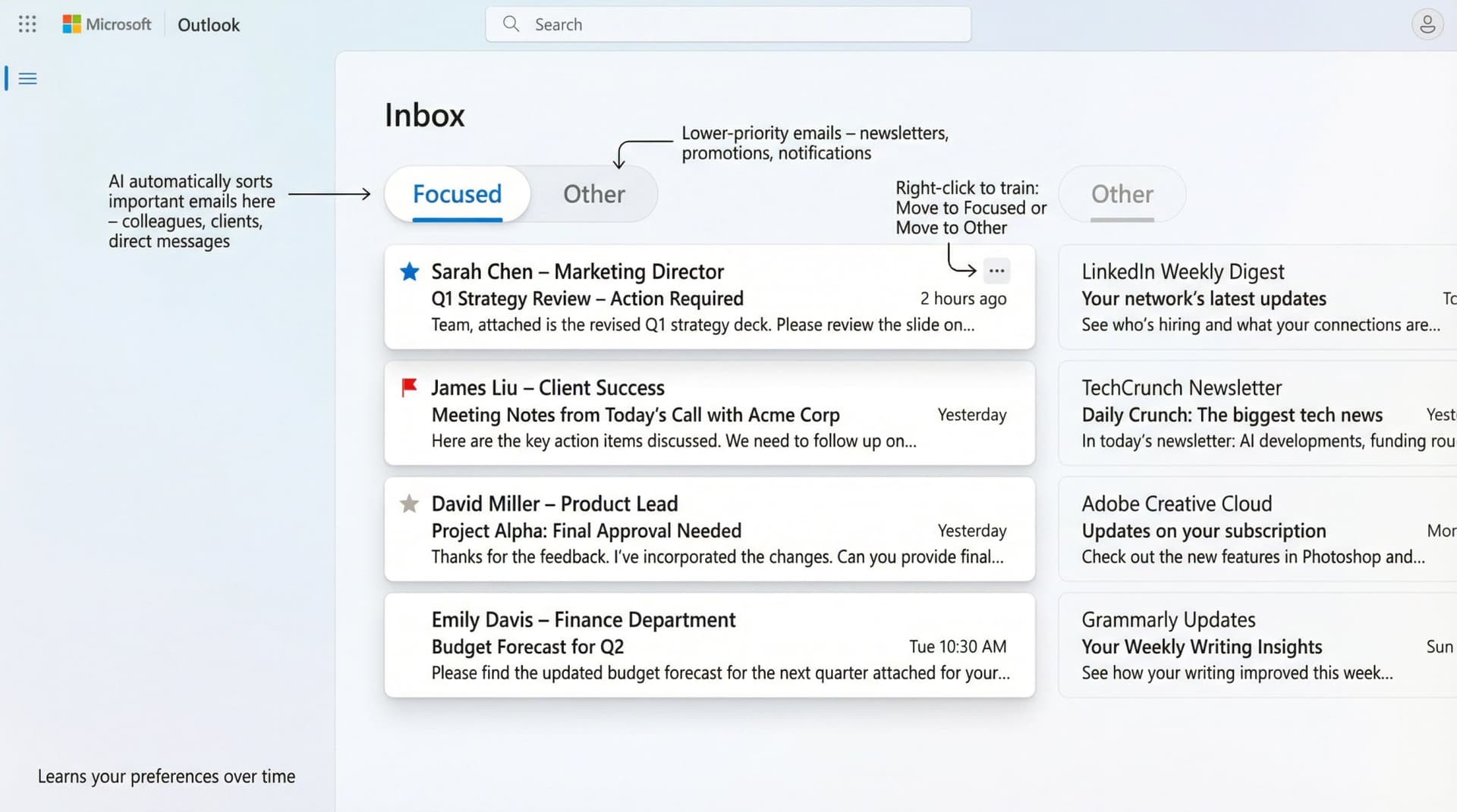 Split-screen view of Outlook's Focused Inbox interface showing the Focused tab with important emails and the Other tab with newsletters and promotional content